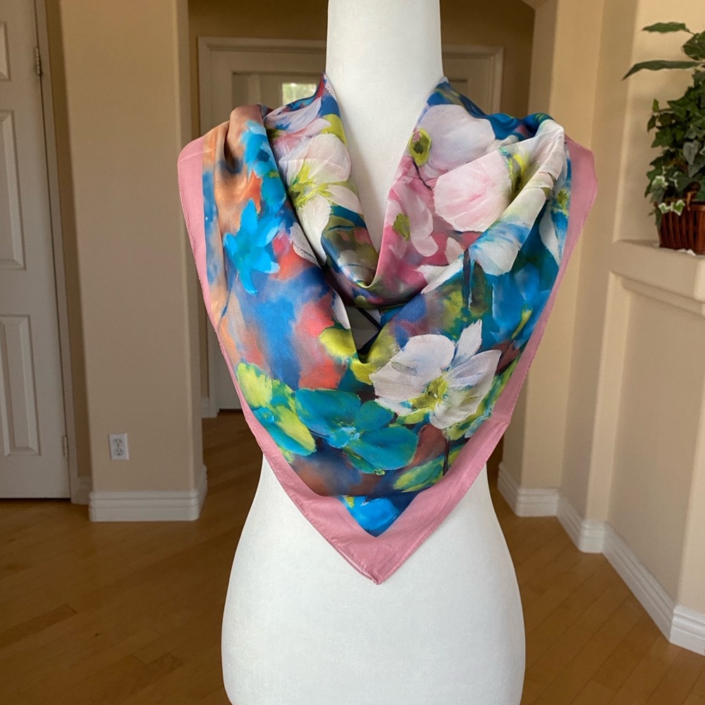 Floral Blue and Pink Silk Sarong Scarf Wrap